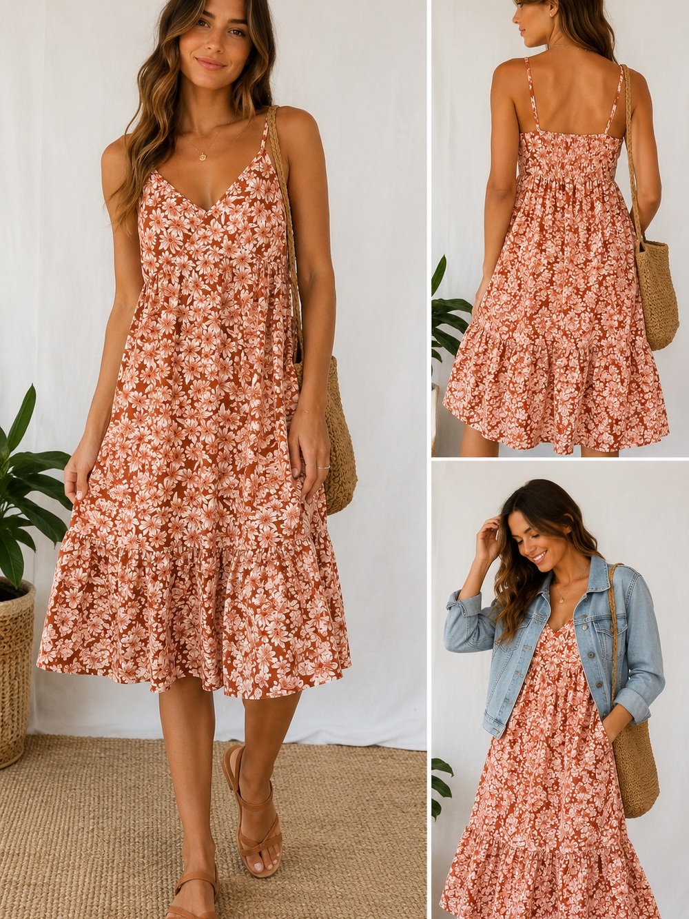 Old Navy Boho Brown Floral Cami Sundress Smocked Back Tiered Hem S